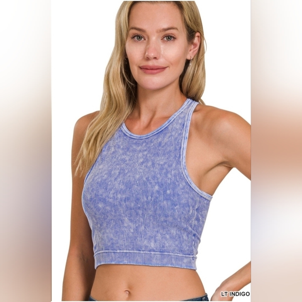 Zenana Washed Ribbed Seamless High-Neck Cropped Tank Top